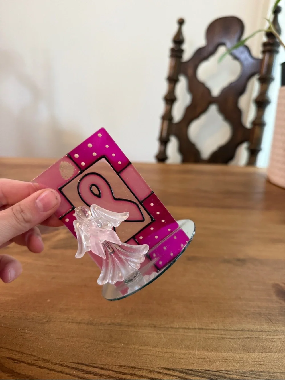 Pink Stained Glass Ribbon Frame with Pink Glass Angel Breast Cancer